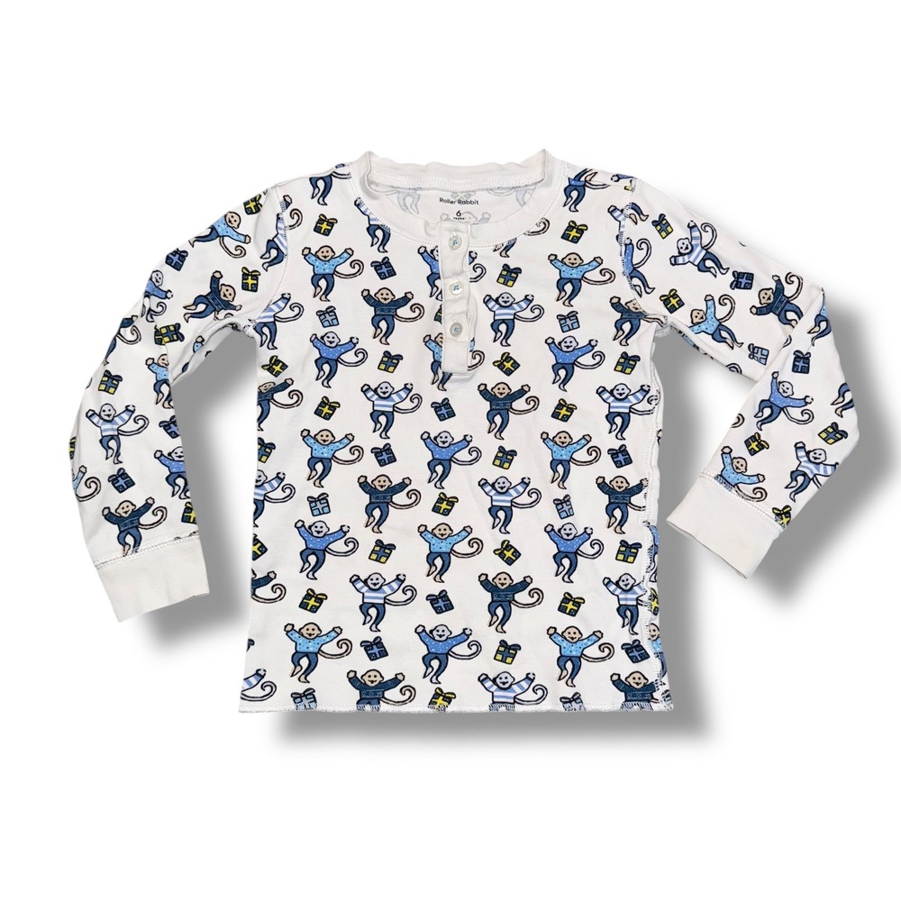 Roller Rabbit Kids Pajama‎ Top Long Sleeve Monkey Print Size 6 Cotton